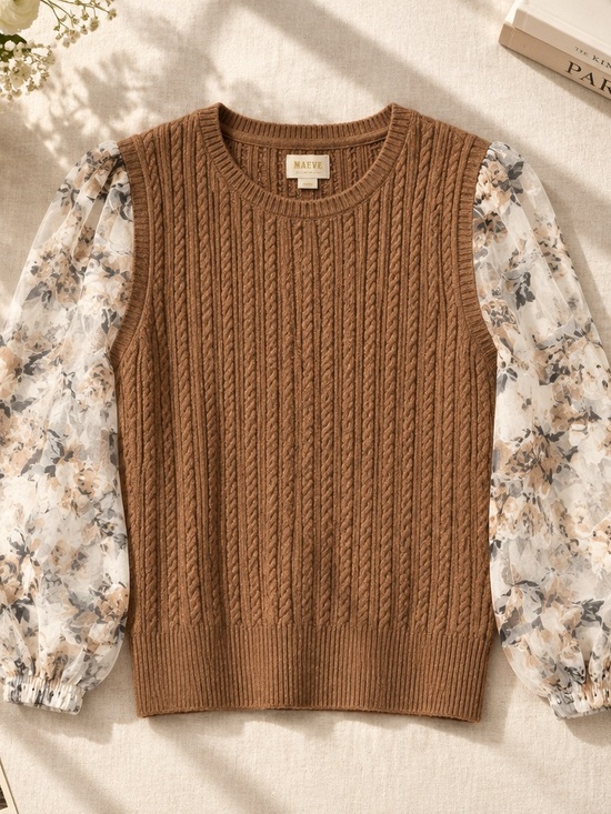 Maeve Sweaters - Anthropologie Maeve Cable Knit Pullover with Floral Sheer Puff Sleeves Large